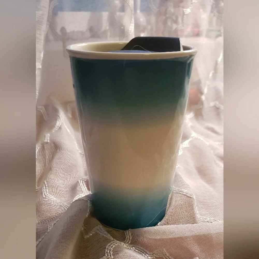Starbucks Ceramic Ocean Aqua Blue Ombre Travel Tumbler 8 Oz.